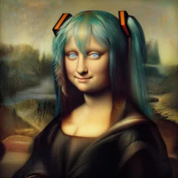 A classic portrait of Hatsune Miku with sparkly eyes as a religious symbol by Leonardo da Vinci, oil painting, year 1506, highly detailed, chiaroscuro