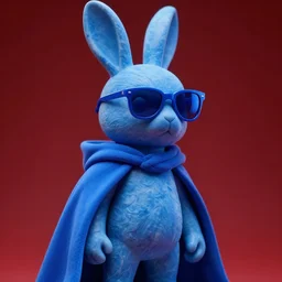 rabbit groot as marble statue with sunglasses, blue sunglasses, in red background, long blue cape, soft blue texture, blue realistic 3 d render, high blue lights, 4 k, high detailed photography, 5 0 mm lens, rich blue colors, smooth gradients, depth of field, cinematic, hyper realism, high detail, octane render, unreal engine, 8 k