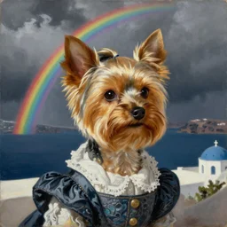 Yorkshire Terrier under a rainbow in Santorini in the style of Lady with an Ermine, head and shoulders portrait, stormy weather, extremely detailed masterpiece, oil on canvas, by J. C. Leyendecker and Peter Paul Rubens and Edward Hopper and Michael Sowa,