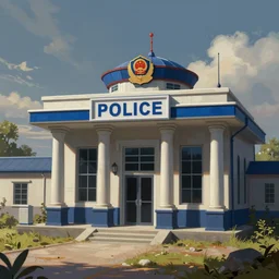 Cibernetic police station. Illustration, digital painting, highly detailded