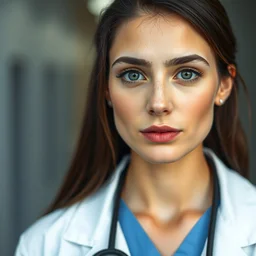 a stock photograph of a young woman doctor wearing a lab coat, dof, sharp focus, highly detailed face, symmetric face, realistic iris, cinestill 8 0 0 t, photography by paolo roversi