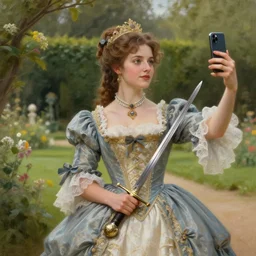 upper body portrait of a beautiful maiden in an expensive victorian dress holding a sword and taking a selfie in a royal garden, award winning, masterpiece digital painting by greg rutkowski, alex grey, artstation, 4 k wallpaper,