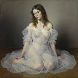 pop surrealism, lowbrow art, realistic cute seductive female painting, romantic transparent gown, hyper realism, muted colours, rococo, natalie shau tom bagshaw, mark ryden, trevor brown style,