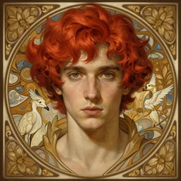 Red short hair portrait of a man, fantasy, intricate, elegant, highly detailed, digital painting, artstation, concept art, smooth, sharp focus, illustration, art by artgerm and greg rutkowski and alphonse mucha