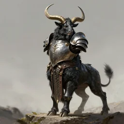 a triumphant Minotaur in plate armor with black fur, fantasy concept art, high detail