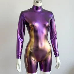 very tight  Translucent metallic mirror chrome purple and Gold latex  crazy outfit  on a mannequin