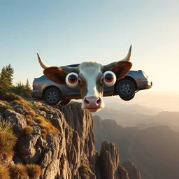 car with large crazy human eyes floating above a a cow looking over a mountain cliff