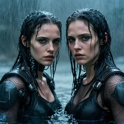 cinestill 5 0 d candid action photographic portrait by quentin tarantino of two loving female androids wearing rugged black mesh techwear in treacherous waters, extreme closeup, modern cyberpunk retrofuturism moody emotional cinematic, pouring iridescent rain, 8 k, hd, high resolution, 3 5 mm, f / 3 2, motion blur, ultra realistic faces, ex machina