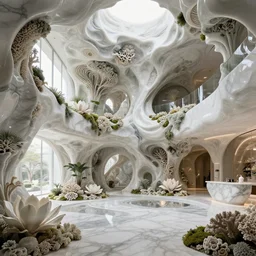 highly detailed ultra sharp 3 d render villa interior cinematic composition of a ceramic porcelain biomorphic magnolia stone nebula fluid smooth fractal sci - fi surreal architecture landscape, corals, white granite, lichen, marble, moss, vincent callebaut composition, mamou - mani, archviz, beautiful lighting, 8 k, unreal engine, hdr,