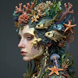 hyperrealistic detailed face side portrait of the beautiful goddess of the fish skeletons with an intricate headgear of corals, sea kelp, sea plants, fish, starfish, jellyfish, art by ernst haeckel, john william godward, android jones, alphonso mucha, h. r. giger, gothic - cyberpunk, ornamental, beautiful deep colours,