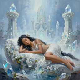 polynesian sleep goddess, crystal clear dreamy lemuria architectural marvels, crisp realistic fantasy art painting