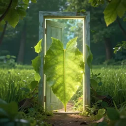 midjourney leaf, farming, luminescence, door to another universe, fantasy, rural