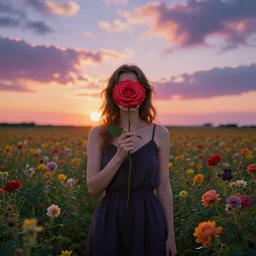 woman with a rose flower face standing in flower field, surreal photography, sunrise, colorful clouds, artstation, simon stalenhag