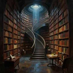 a secret underground library with a mysterious staircase and futuristic lighting. highly detailed science fiction painting by norman rockwell, frank frazetta, and syd mead. rich colors, high contrast, gloomy atmosphere, dark background. trending on artstation