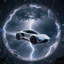 futuristic flying car emerging in the sky from a circular portal made of lightning, thunderstorm at night, 8k 28mm cinematic photo