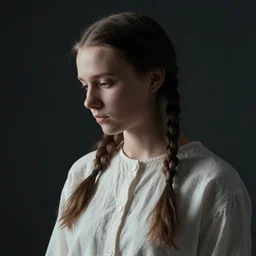 portrait of a russian girl, medium closeup, pigtails, cinematic light, dark background, sideview, looking down, wrinkled cotton shirt, by serge marshennikov, richard schmid