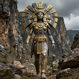 beautiful aztec inca van damm titan colossus full body well proportioned pacing to cliffs by eddie mendoza hyperrealism expressive eyes cyborgess symmetrical very very detailed giger beksinski grey and gold