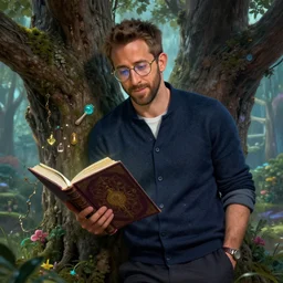 ryan reynolds wearing wizard glasses leans against a magical tree romance novel fantasy artwork epic detailed and intricate digital painting trending on artstation by wlop octane render