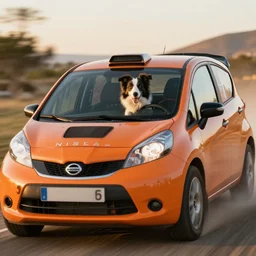 border collie dog in the driver's seat of an orange nissan note, paws on wheel, car moving fast, rally driving photo, award winning photo, golden hour, front of car angle, extreme horizontal blur, 3 0 0 mm lens