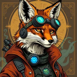 a detailed portrait illustration of an anthropomorphic fox steampunk tech - sorcerer, ginger. art nouveau, pop art, comic book style, trending on furaffinity