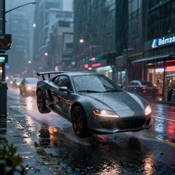 cyberpunk street with flying cars, night, rain, rain puddles, realistic, high details, 4k