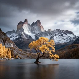 award winning landscape photography by gary pritchard, lone tree on island in lake in foreground with epic bright jagged mountains in background, beautiful light, moody, long exposure, infrared photography, dramatic lighting, clouds, rule of thirds, golden ratio