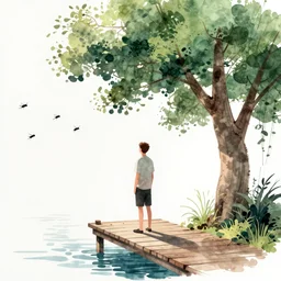 digital illustration painting design style man standing on the pier against flyflies and big trees, watercolor ink painting, trending on artstation