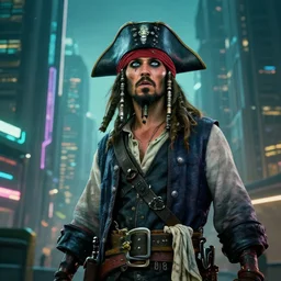 a pirate in a cyberpunk city looking up, amazed, 4k, professional photography