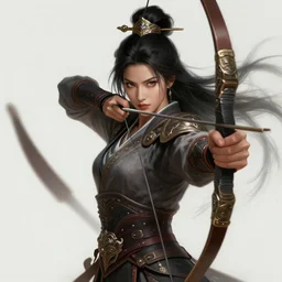 a highly detailed illustration of fierce black haired mongol warrior woman with bow, heroic shooting bow pose, perfect hyperdetailed face, intricate, elegant, highly detailed, centered, digital painting, artstation, concept art, smooth, sharp focus, league of legends concept art, wlop.