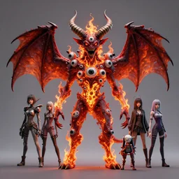 a colorful, scary, full body demon with big horns, bat wings, multiple eyes, body on fire, by alex gray, android jones, karol bak, ayami kojima, artgerm, concept art, 3 d, octane render, 8 k, unreal engine