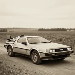 a sepia photograph of a delorean time machine on the oregon trail, trending on art station,