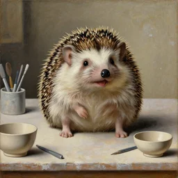 famous painting of a beautiful happy hedgehog on a table in a ceramic workshop, surrounded by ceramicists tools and unfinished bowls, oil painting, northern renaissance art, oil on canvas, wet - on - wet technique, realistic, intricate textures, illusionistic detail