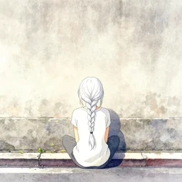 concept, girl sitting on street, her back to wall, pretty, sitting alone, looking down street, long white braids, singular, isamu imakake, cutout, photoshop mid filter, anime, watercolor, intricate, balance, full far portrait, flat lighting + masterpiece,