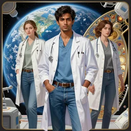 Sensual good looking pale young Indian doctors wearing jeans in a space station above Earth, portrait, elegant, intricate, digital painting, artstation, concept art, smooth, sharp focus, illustration, art by artgerm and greg rutkowski and alphonse mucha