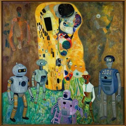 a painting of guernica with robots from futurama by graham sutherland, egon schiele, gustav klimt, joan miro, basquiat, expressionism