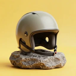a helmet on top of a rock on a yellow background, a 3 d render by mike winkelmann, jonathan zawada, flume, trending on behance, maximalism, rendered in cinema 4 d, behance hd, maximalist