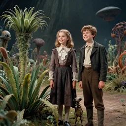 detailed, sharp, a girl and a boy standing next to some strange wild alien plants, looking happy, wearing 1840s era clothes, their small pet tiny alien creature is standing nearby, in a park on a strange alien planet, extremely highly detailed, in focus faces, 70mm still from a classic period sci fi color blockbuster movie, 4k, 35mm macro lens, high quality lighting, sharp focus