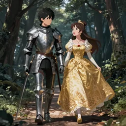 Photorealistic anime. A knight and princess walk down a forest path. The princess looks back at the knight with an energetic smile and attitude. Atmospheric lighting, Dramatic composition.