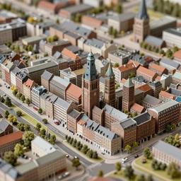a miniature diorama of rotterdam city center, top down view, handmade model, tilt - shift photography