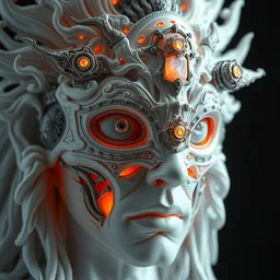 humanoid portrait, face, wearing a carved mineral mask with tiny mineral incrustations, godness, ethereal, opal, mechanical, evil elements, baroque, rococo, white, orange, ink, tarot card enviromet, by marc simonetti & peter mohrbacher, cinematics lights, detailed, intricate illustration, octane render, fractal, fine art, golden ratio