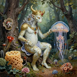 ancient creature in hoia - baciu forest, by asaf hanuka, by ralph steadman, by tony diterlizzi, painting, artwork, bone china, kinemacolor, 3 d, 1 6 k, jellyfish, sponge, tree bark, clathrus - ruber, elegant, ornate, hyper realistic, super detailed, on path to enlightenment