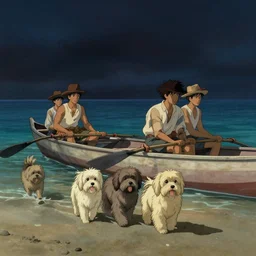 havanese dogs and men on row boats, coming ashore in micronesia, 1 9 0 0, tartakovsky, atey ghailan, goro fujita, studio ghibli, rim light, dark lighting, clear focus, very coherent