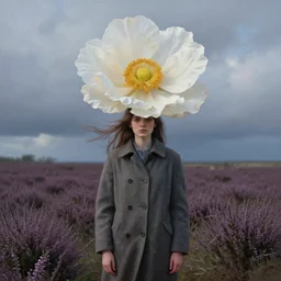 portrait, giant flower on head, a girl wearing a coat in heather field, surreal photography, wind and cold, dramatic sky, impressionist painting, digital painting, artstation, simon stalenhag