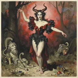 surreal, a demonic performer, female, highly detailed oil on watercolor wood block print by gaston bussiere, craig mullins, j. c. leyendecker 8 k