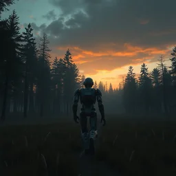 panoramic photo of robot wandering alone through a post apocalyptic forest, matte painting, cinematic, lonley, dark, sunset, 4 k, concept art