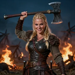 a detailed picture of a beautiful and tough looking blonde viking woman, carrying a large axe above her head, elegant, smiling playfully, burning village in the background, night time raid, 8 k, artstation, fine detail, art by frank frazetta
