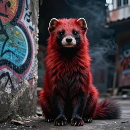 photo ( far _ shot ), subject [ furry _ fandom _ fursona _ original _ character ( red - black, anthropomorphic _ humanoid, weasel - ferret - stoat ) ], background ( dark _ smoke ), medium [ graffiti ( spray _ paint, concrete _ wall ) ], location ( favela )