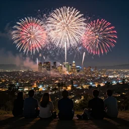 people sitting on a hill watching fireworks above los angeles, hyperdetailed, artstation, cgsociety, 8 k