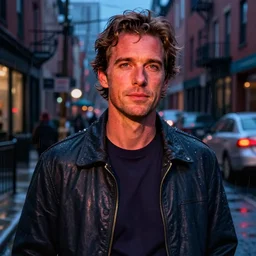 night flash portrait photography of eliot offen on the lower east side by annie leibovitz, colorful!!, nighttime!, raining!