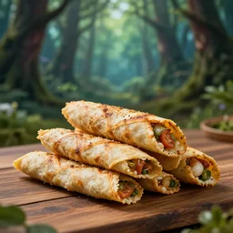 5 5 mm photo of a pile of freshly made shawarma on a wooden table in a magical forest. dof. bokeh. magical atmosphere. art by greg rutkowski. highly detailed 8 k. intricate. lifelike. soft light. nikon d 8 5 0.